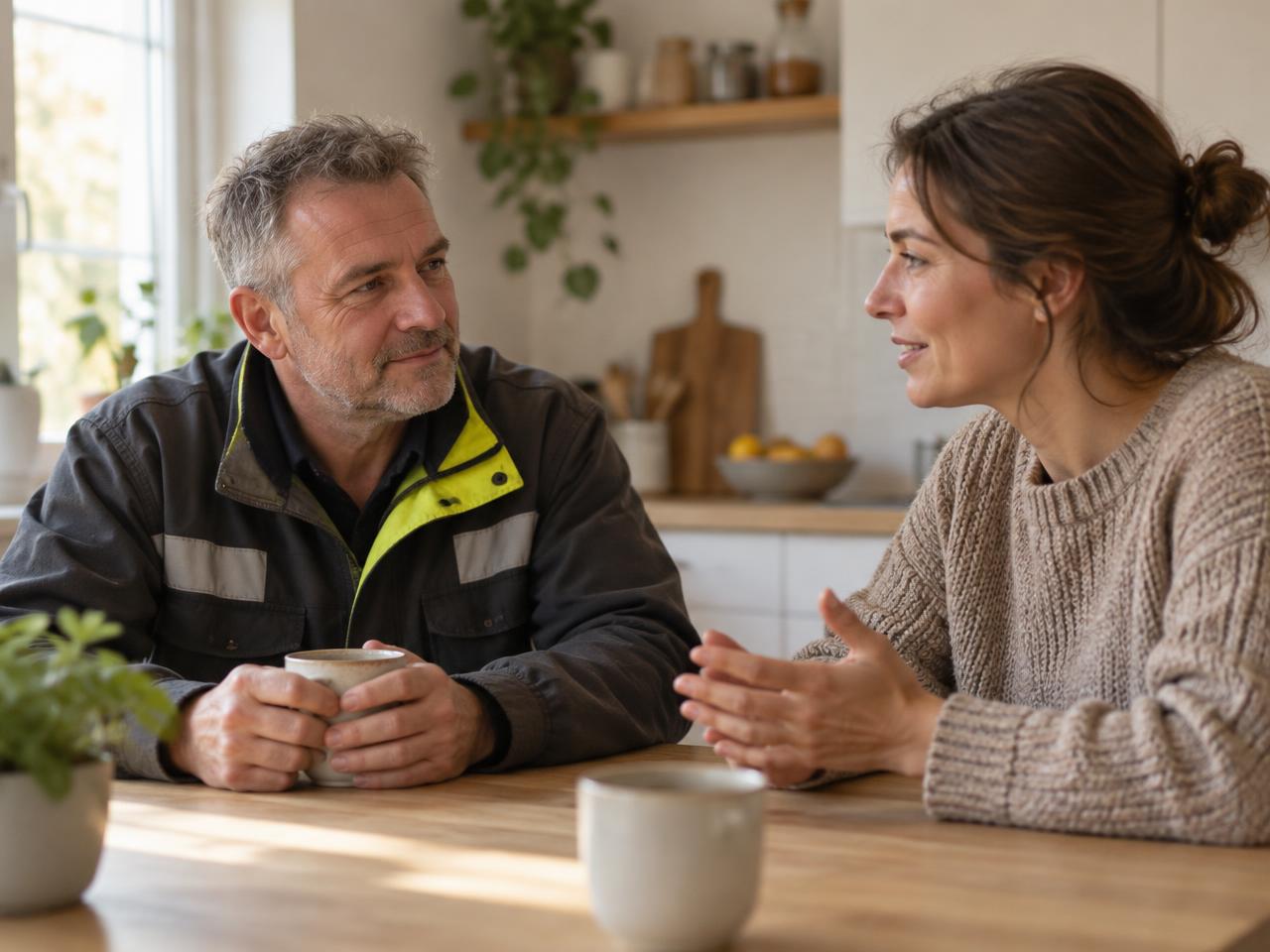 Een medewerker in werkjas en een adviseur in gesprek aan een keukentafel, in warm daglicht
