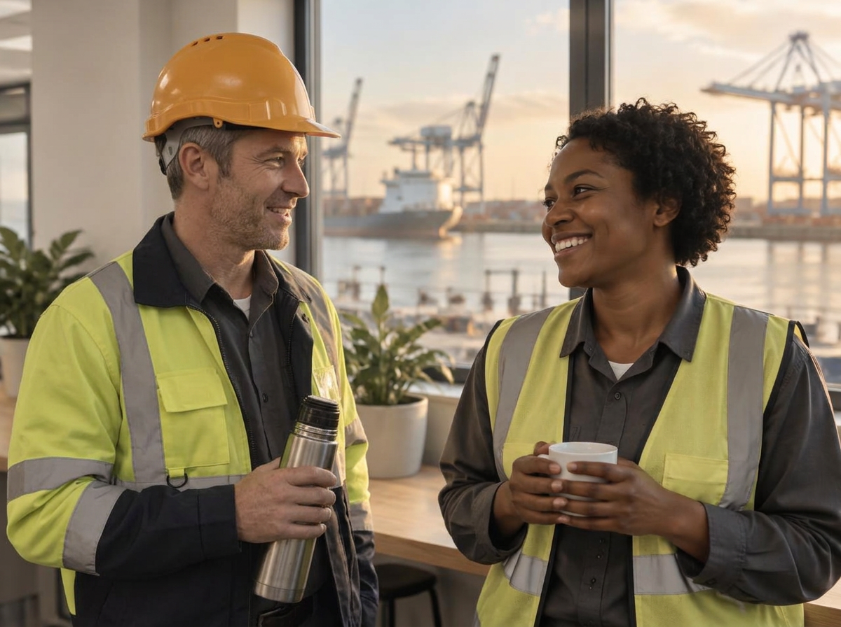 Een medewerker met veiligheidshelm en thermoskan en een vrouw in hesje in gesprek in een kantoor met uitzicht op de Rotterdamse haven